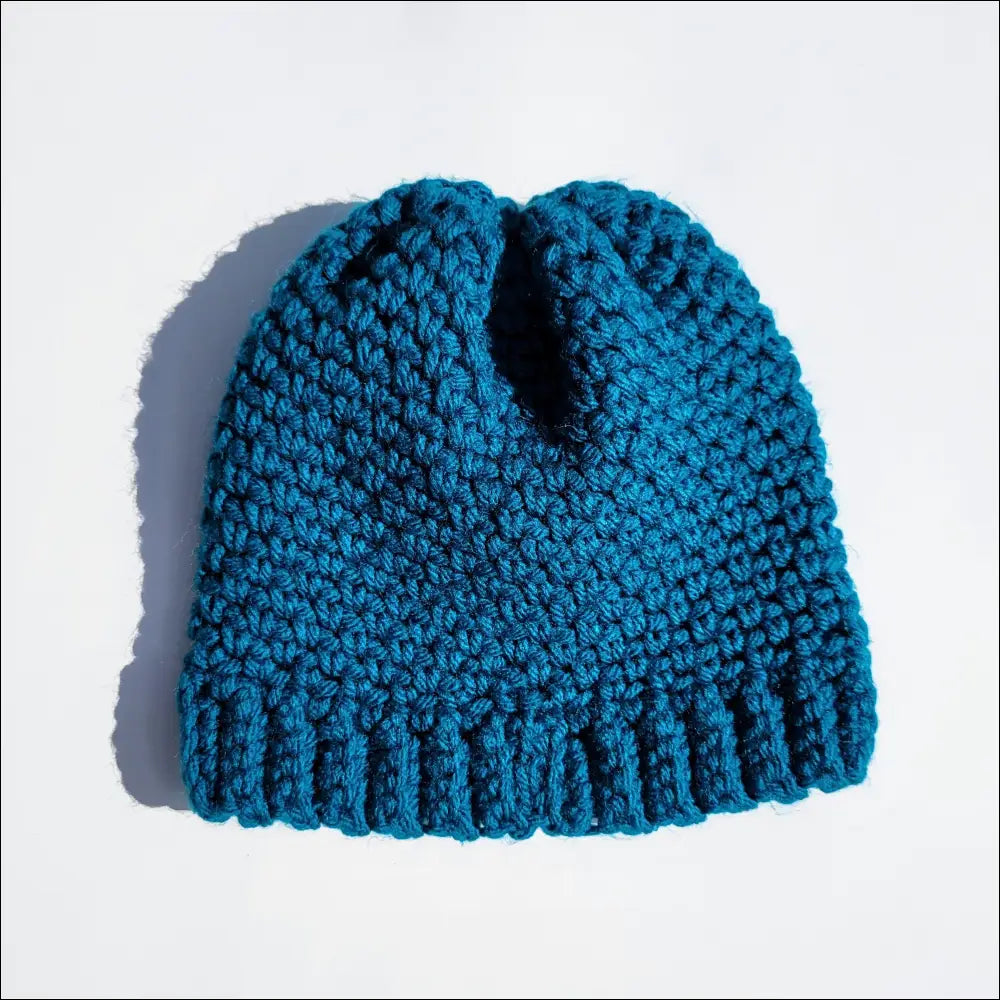 Teal knitted beanie hat with a ribbed edge for Cozy Purple Crochet Beanie Hat, 3-6 months