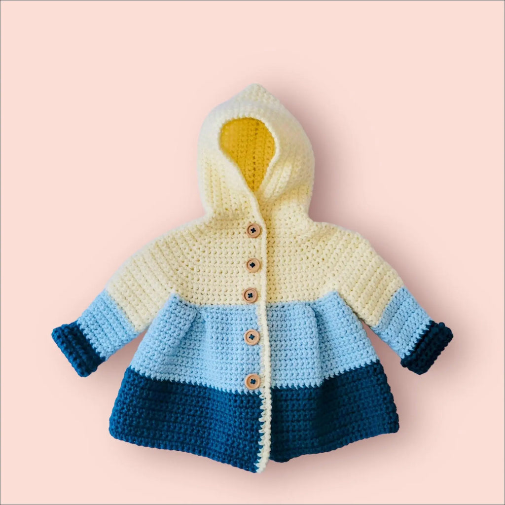 Crocheted Babydoll Sweater with Hood for Babies 3-6 Months in Cream and Blue Stripes