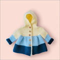 Crocheted Babydoll Sweater with Hood for Babies 3-6 Months in Cream and Blue Stripes