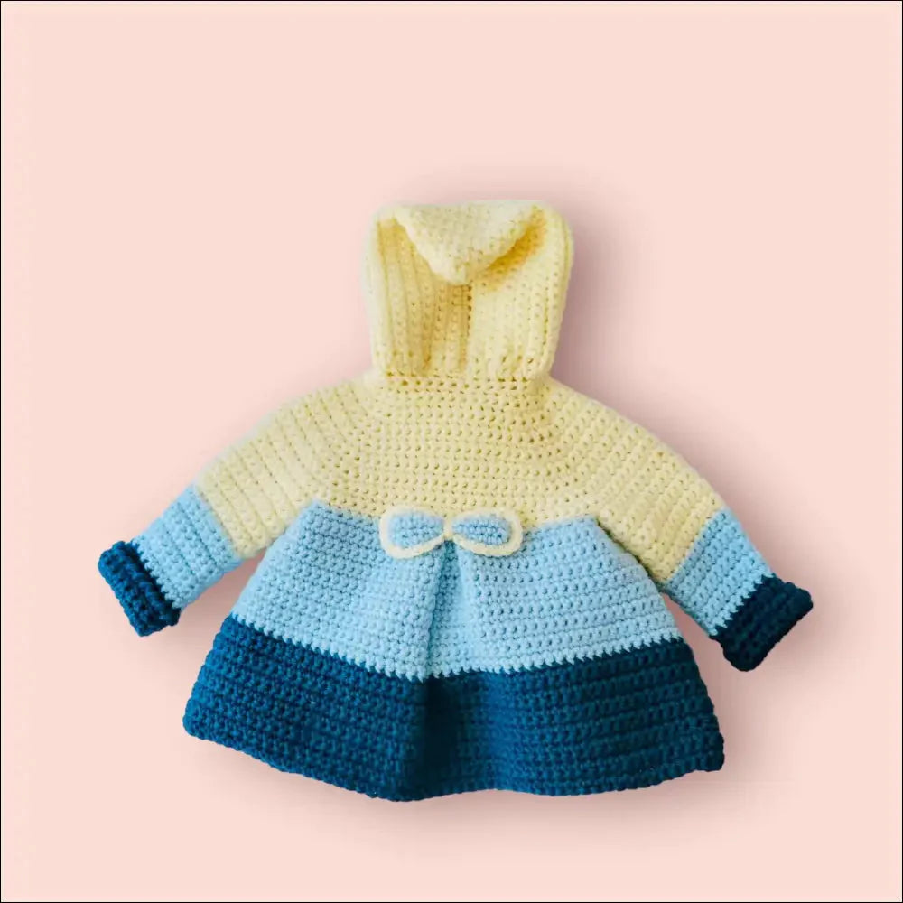 Crocheted baby dress in yellow, blue, and navy for 3-6 months, perfect babydoll sweater