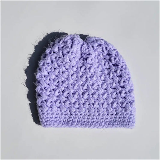 Lavender crochet beanie hat with textured stitch for babies 3-6 months cozy beanie