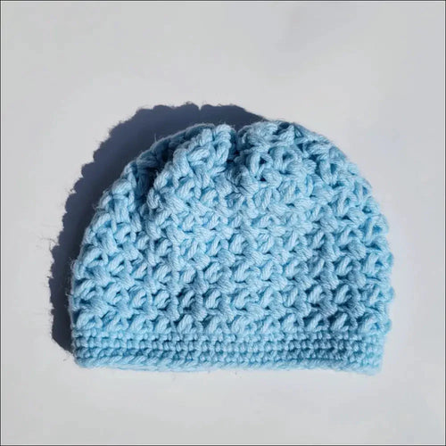 Light blue crochet beanie hat, perfect for babies 3-6 months, cozy and stylish
