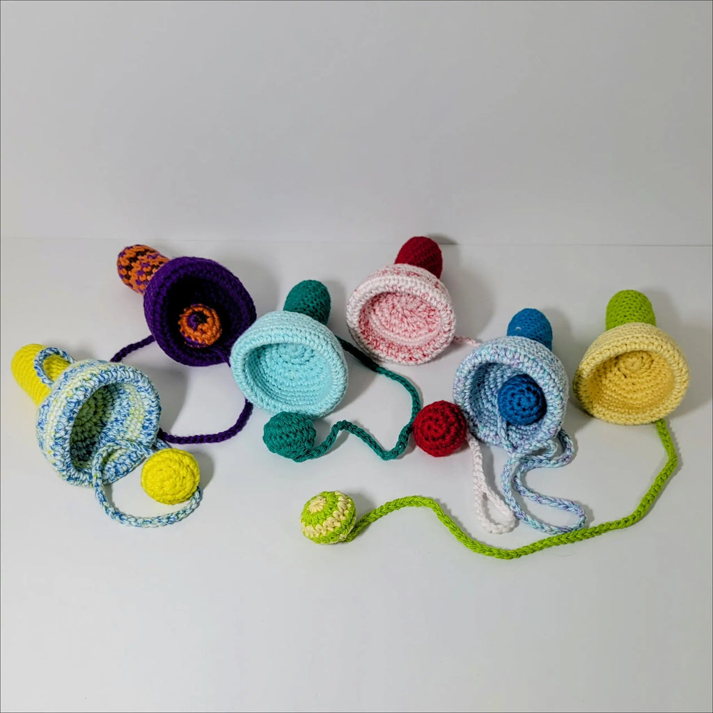 Colorful crocheted toy rattles for Bilbocatch Handheld Game fun and teething joy