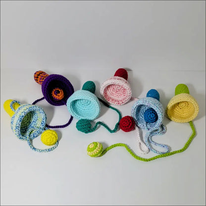 Colorful crocheted toy rattles for Bilbocatch Handheld Game fun and teething joy