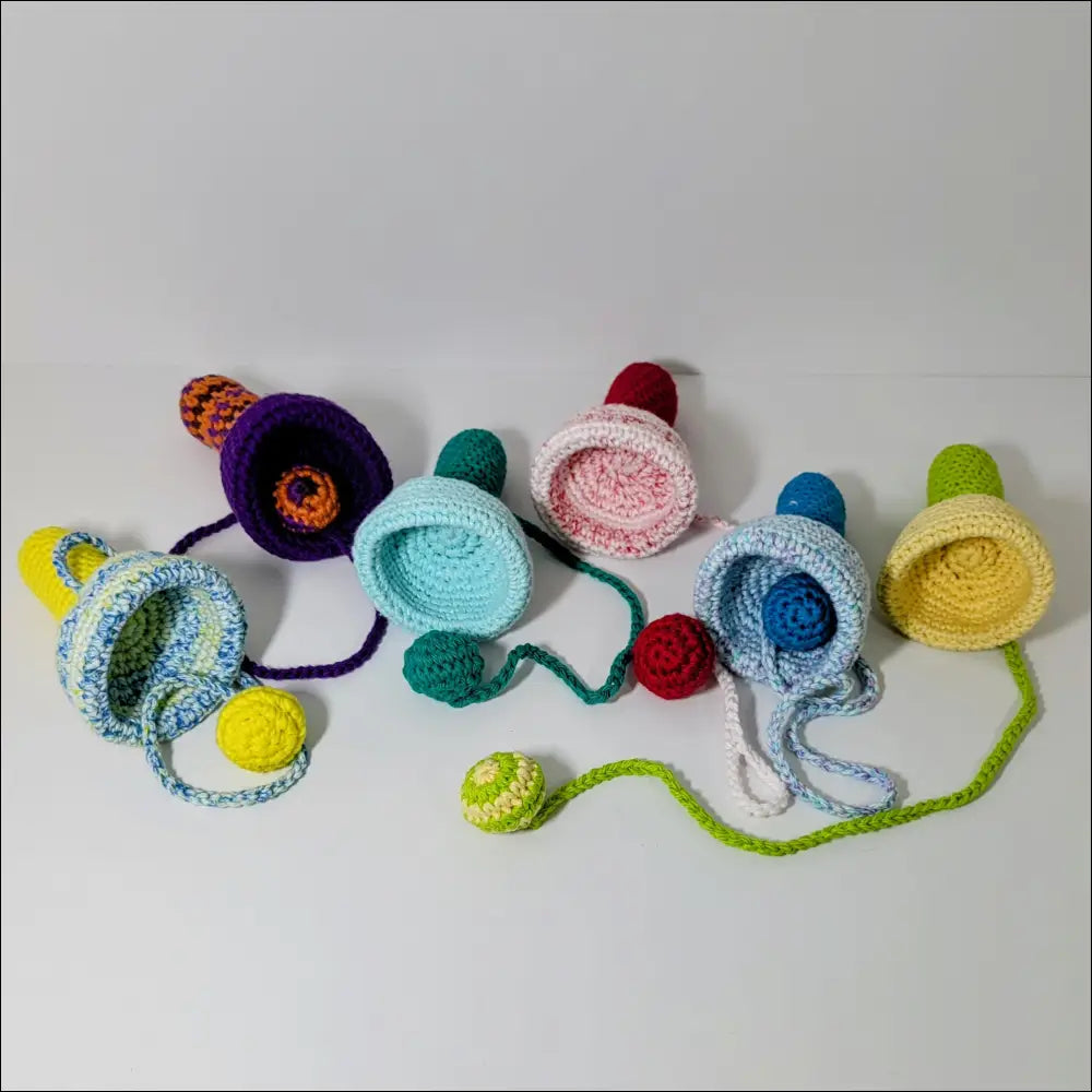 Colorful crocheted toy rattles for Bilbocatch Handheld Game fun and teething joy