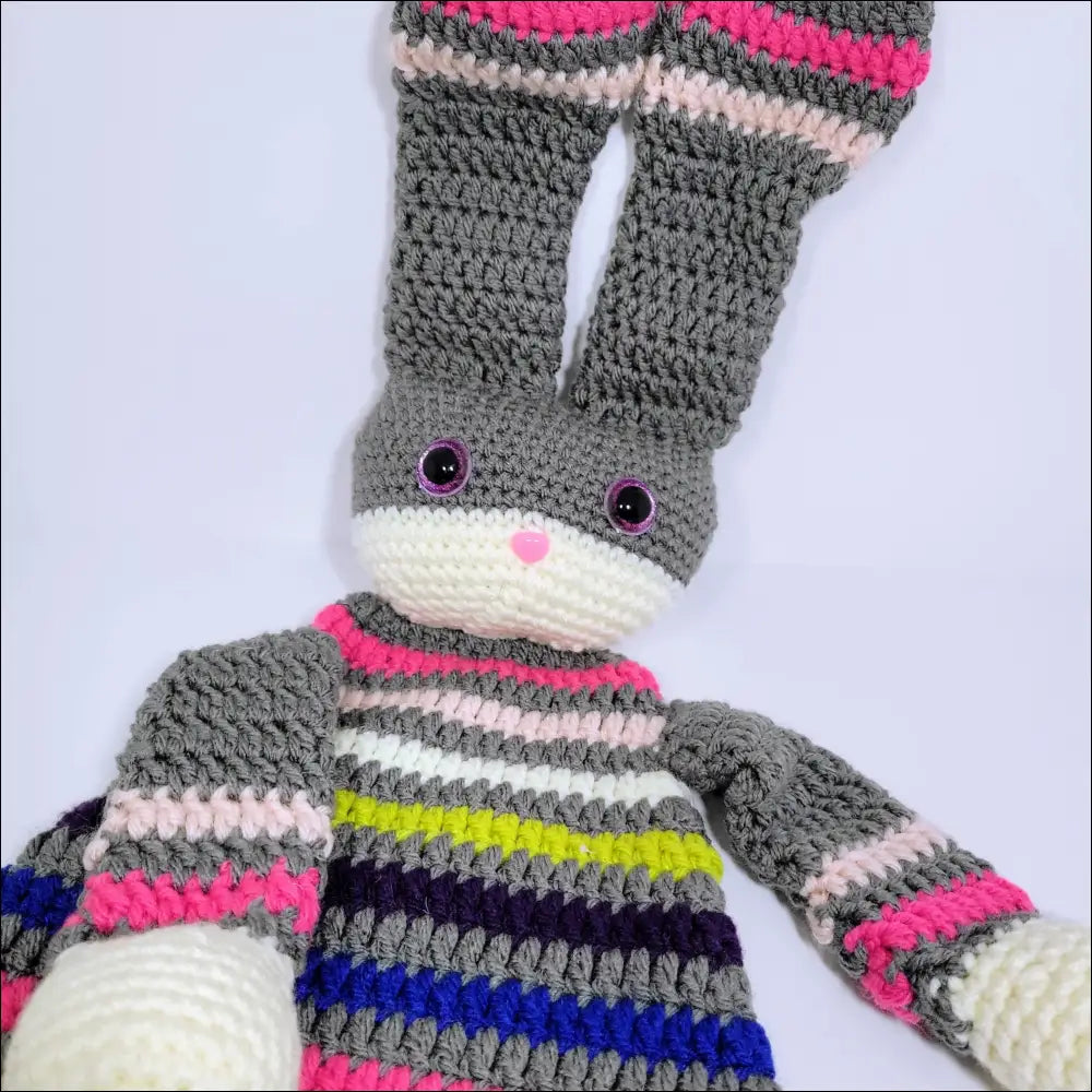 Cute crochet bunny lovey in a cozy striped sweater for snuggles and sweet dreams