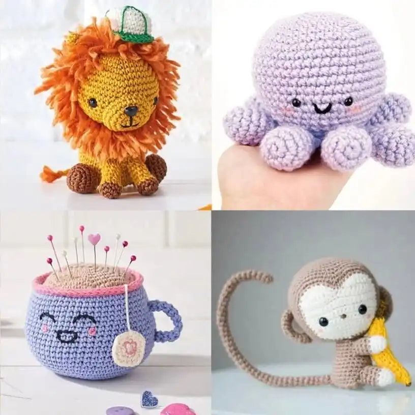 Collection of cute crocheted amigurumi toys including a lion, octopus, pincushion cup, and monkey.