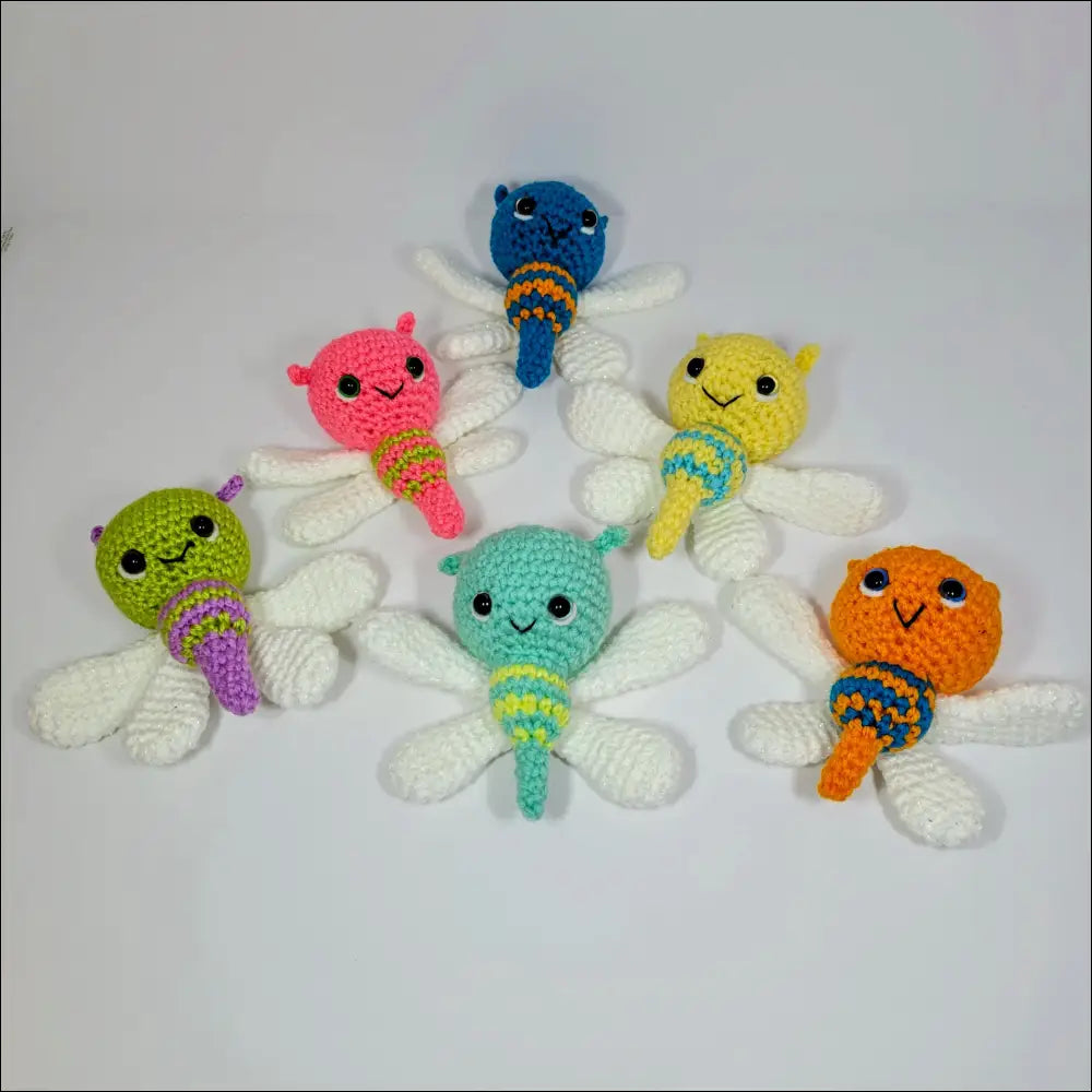 Colorful Handmade Crochet Dragonflies in Blue Orange Pink Lime hues for decor