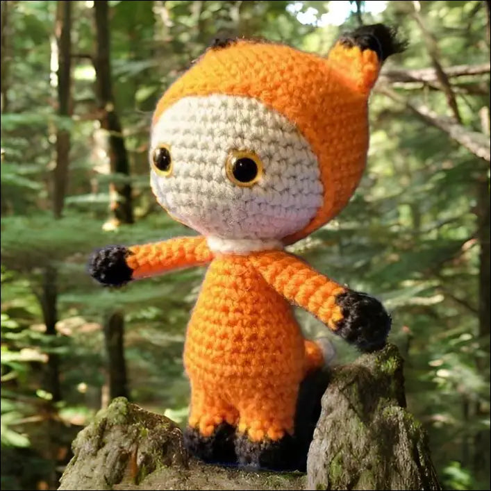 Crocheted orange fox pal with a round head and tiny black hands for playful adventures