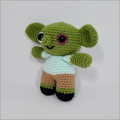 Crochet Goblin doll in green shirt and brown pants, fun pals with calculated shipping at checkout