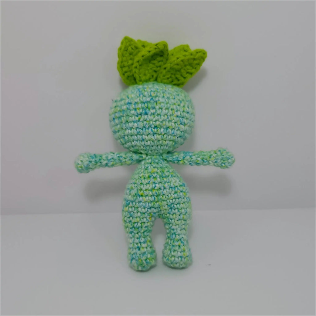 Crochet doll with green hair and bow from Impkins Enchanted Forest Fairy Creatures in green blue multi
