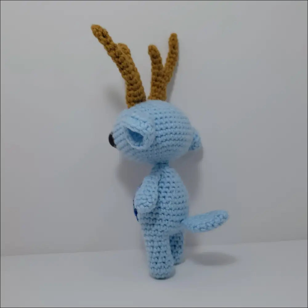 Crochet blue and brown dog with a brown nose from Impkins Enchanted Forest Fairy Creatures