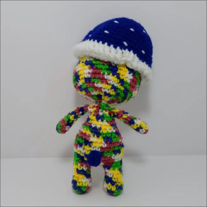 Colorful Impkins toy with knitted hat in green blue multi shades for whimsical fun