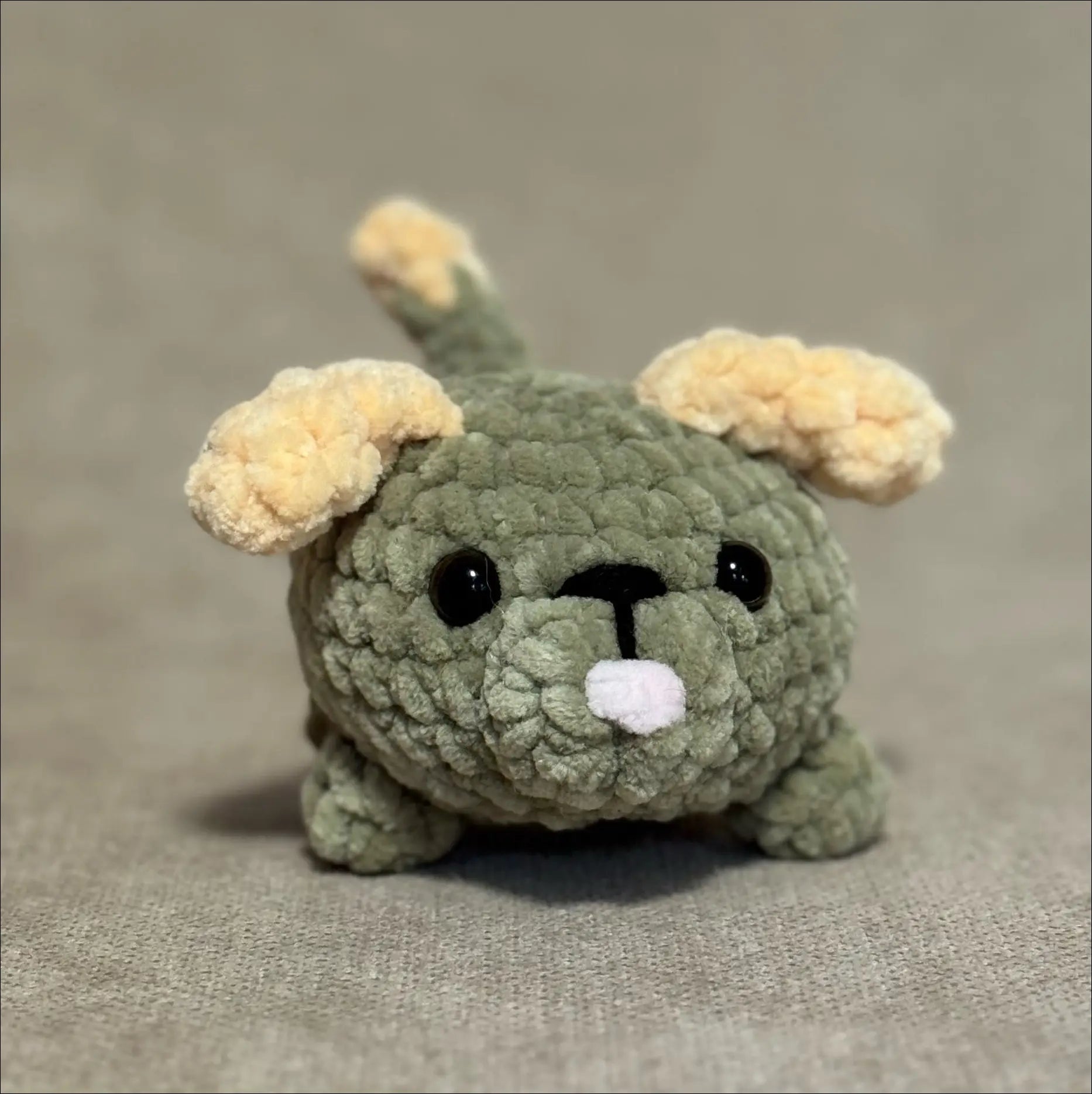 Small green crochet dog toy on a beige background