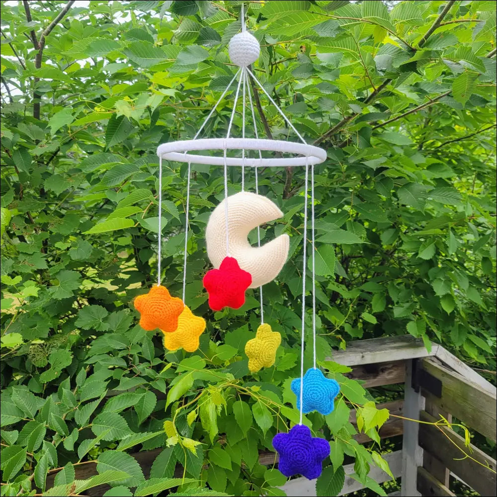 Colorful crocheted Moon & Stars Mobile with rainbow stars for your little one’s space