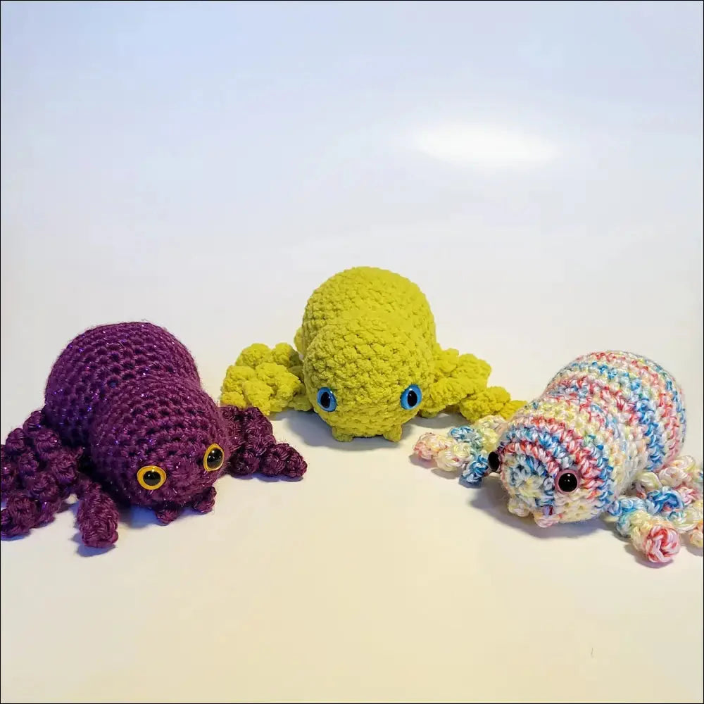 Colorful crocheted toy animals - octopus, turtle, axolotl - perfect for fun learning play!