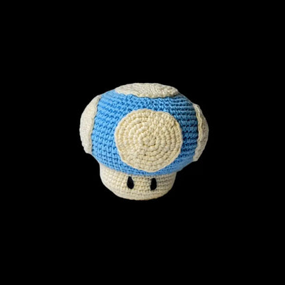 Crocheted blue and white Mario mushroom character from Super Mario Mushrooms Mini Toy Set