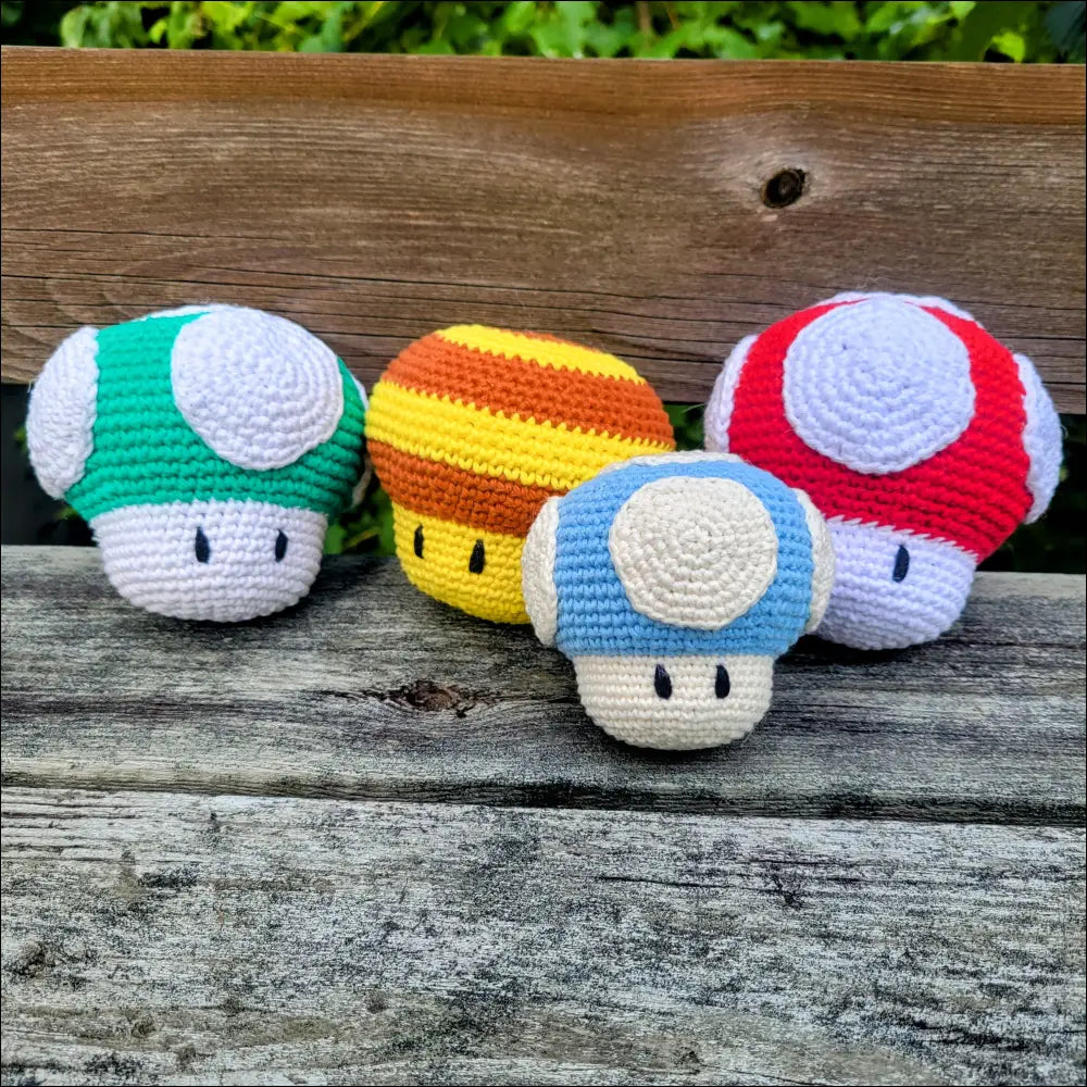 Crocheted Super Mario Mushrooms mini toy set for nostalgic fans of Mario mushrooms