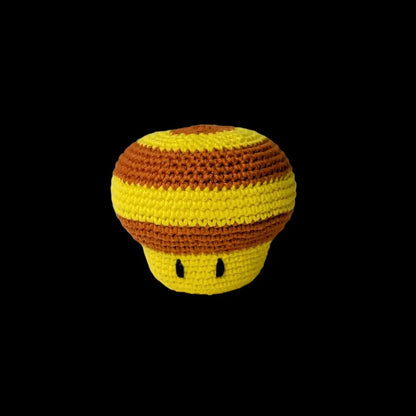 Crocheted yellow and brown Mario mushroom from the Super Mario Mushrooms mini set